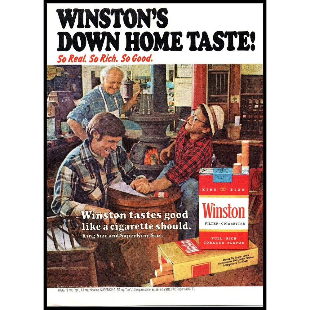 1972 Winston Cigarettes Vintage Print Ad Hardware Store Wood Stove Wall Art 70s
